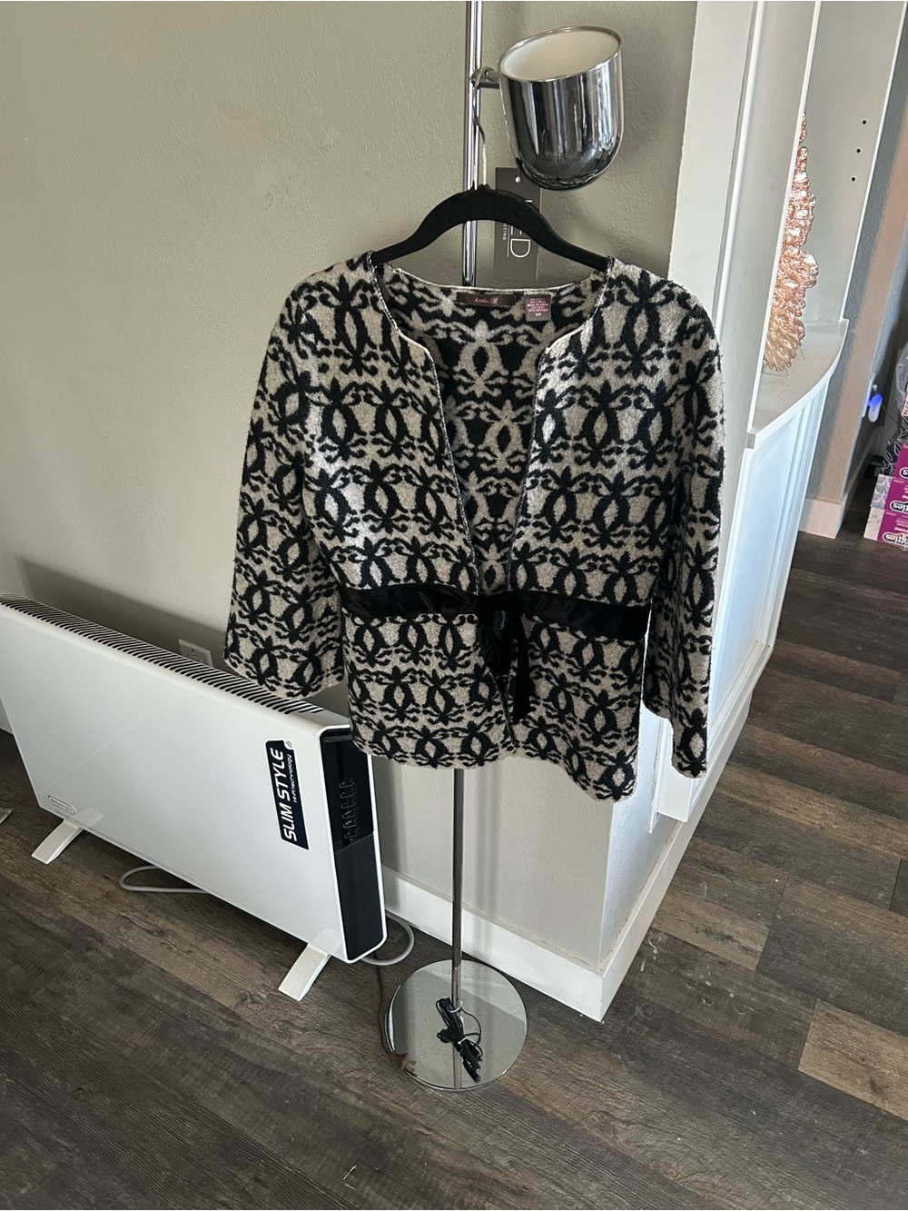 Black and Cream Patterned Tie-Front Sweater Jacket